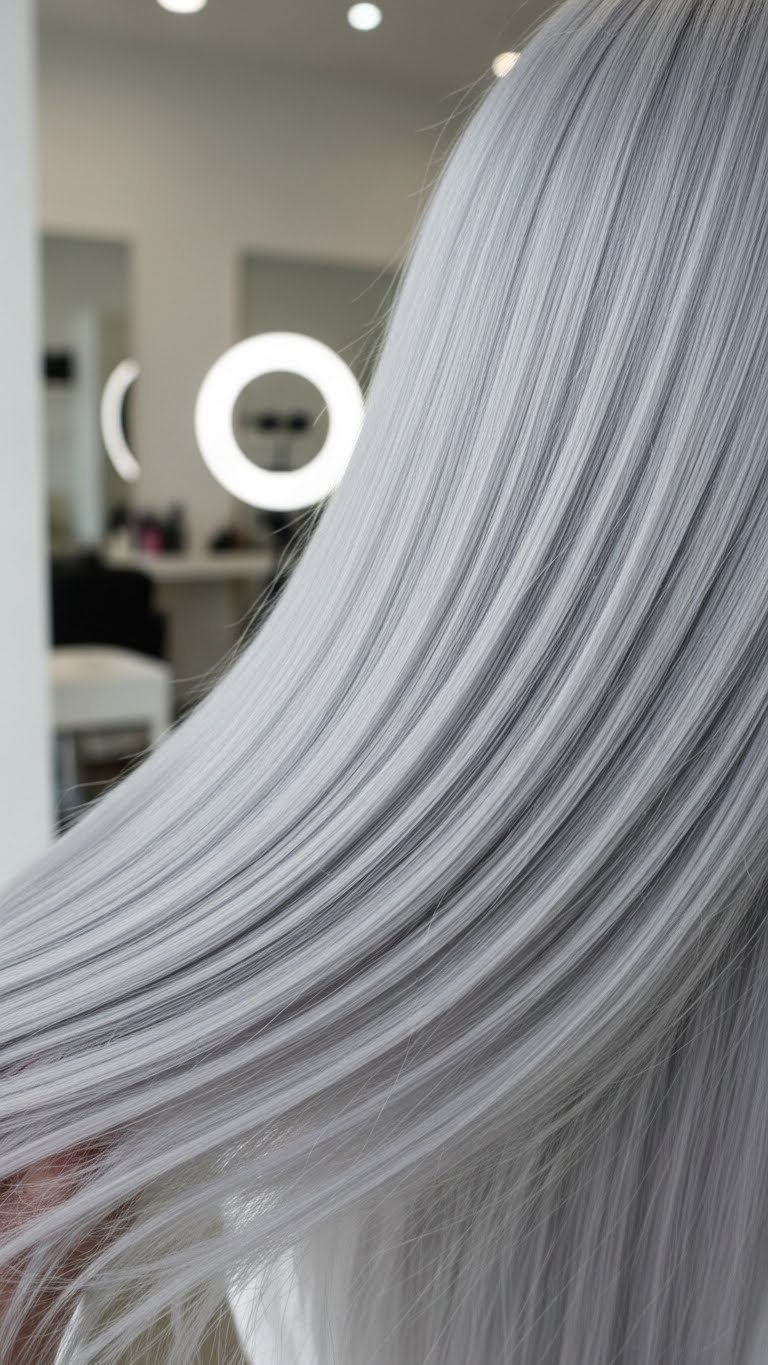 Close-up of sleek, polished glass hair with liquid-like texture and brilliant sheen against a minimalist salon background