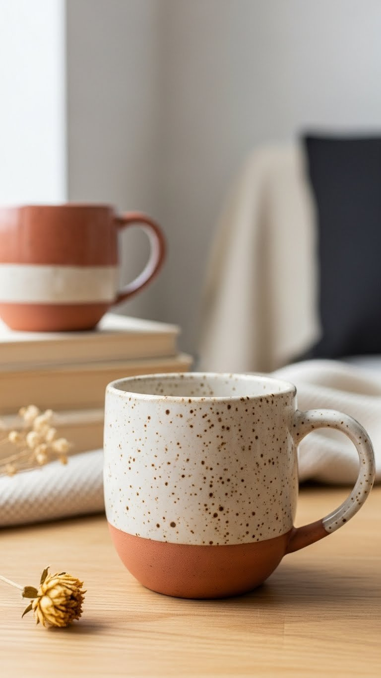 Close-up of speckled rustic ceramic mug with earthy muted cream color and organic texture on natural wooden surface