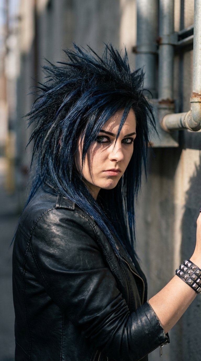 Close-up of spiky grunge texture hairstyle with defined spikes against blurred concrete wall urban backdrop