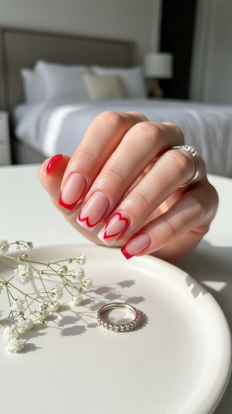 Close-up of square nails with French tip reimagined as delicate red heart outline on sheer nude base