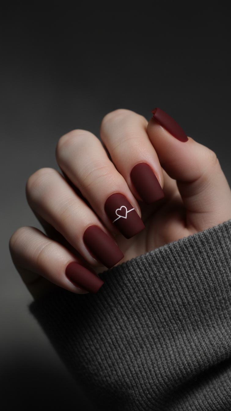 Close-up of square nails with matte burgundy polish and EKG-style white heart line on dark gray fabric