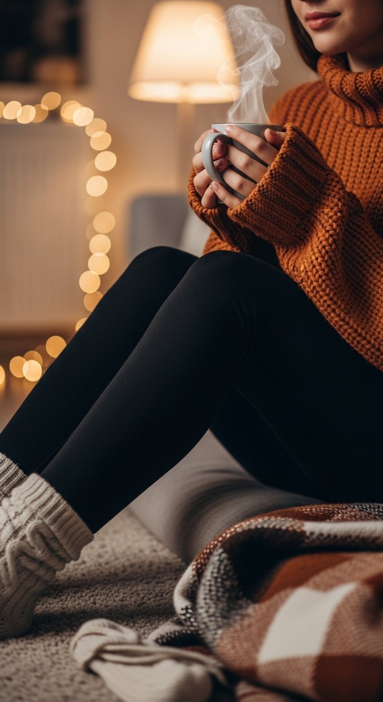 Close-up of teen wearing chunky rust orange knit sweater holding steaming mug with blurred living room background