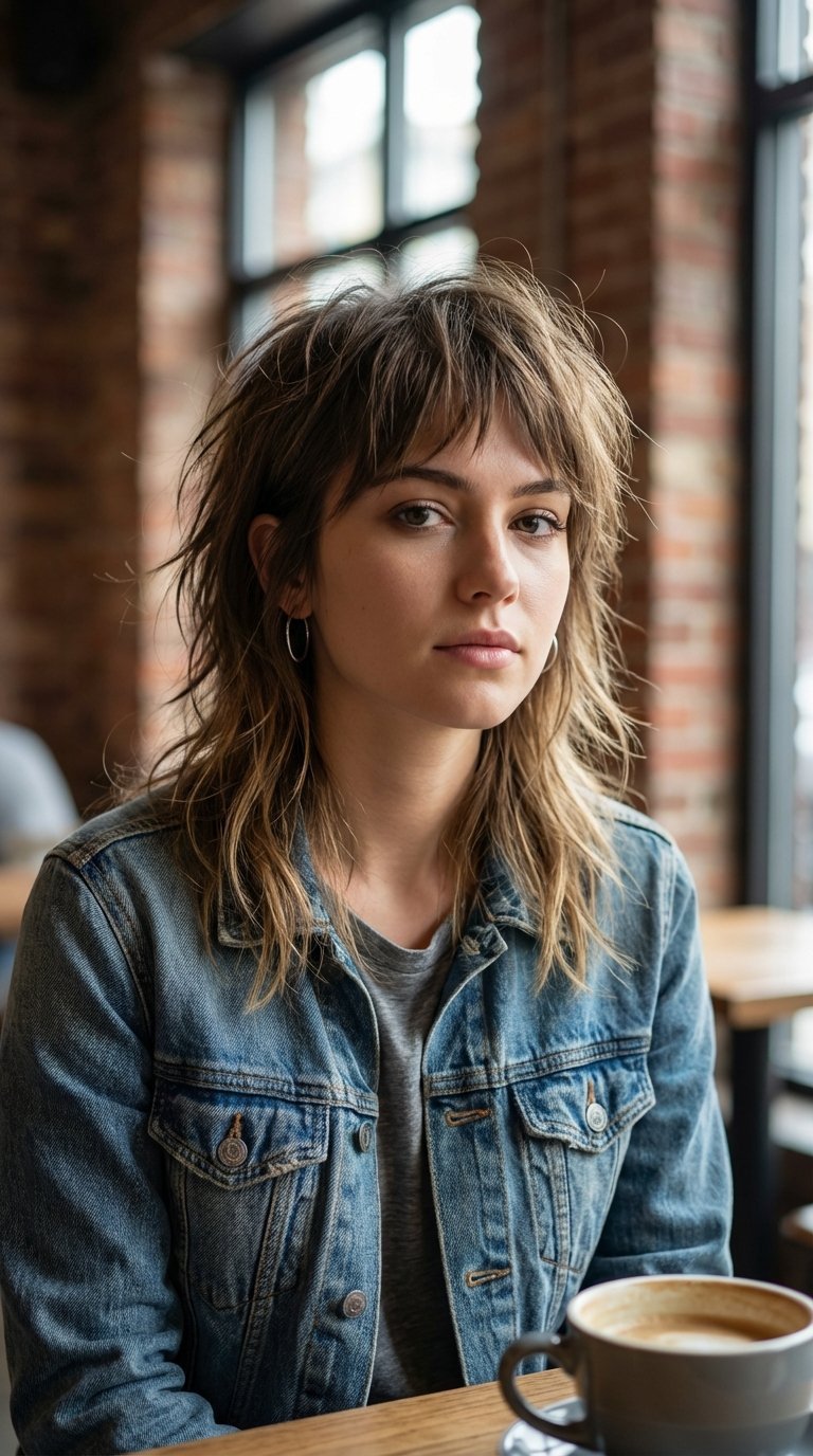 Close-up of textured wolf cut hairstyle with layered bangs and silver hoop earrings in urban cafe setting