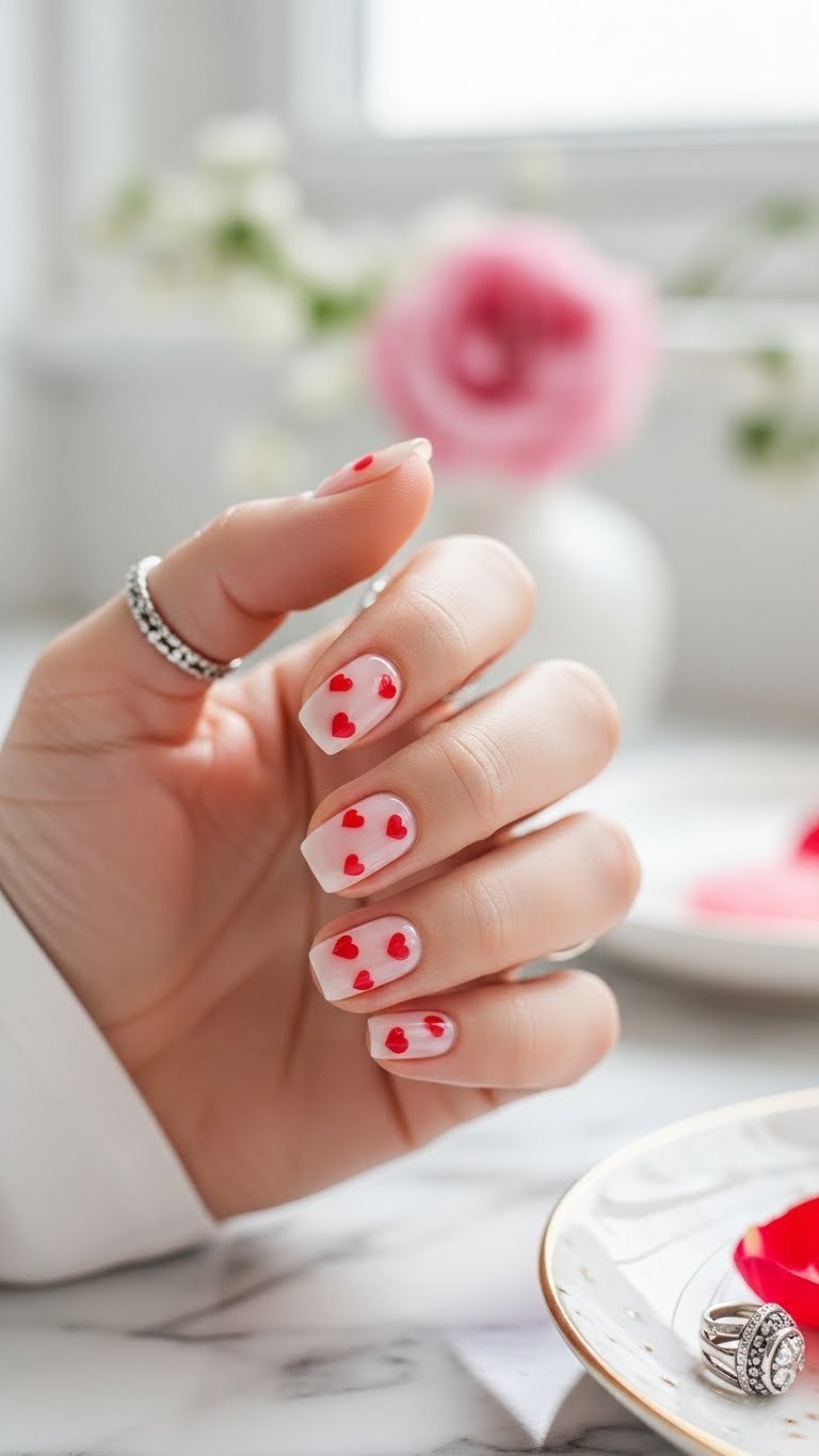 Close-up of translucent heart accent jelly valentines nails with 3D pink hearts suspended in sheer glassy base on marble countertop