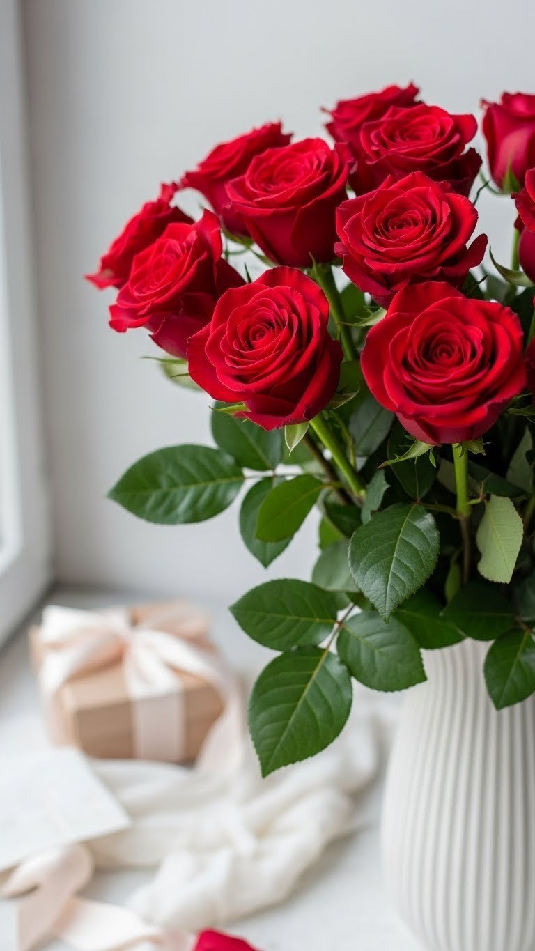 Close-up of vibrant long-stemmed red roses in minimalist vase with soft bokeh background and natural window lighting