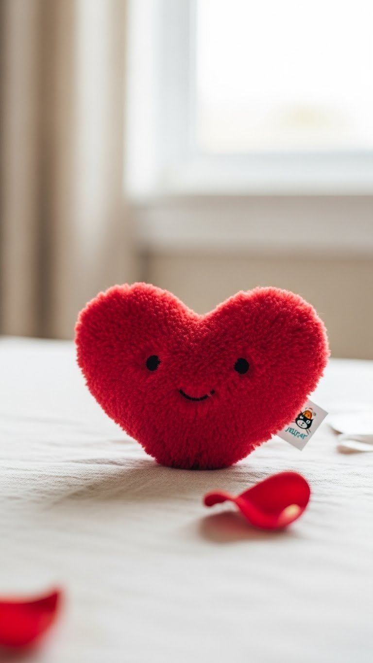 Close-up of vibrant red Jellycat Amuseables Heart plush with embroidered eyes on natural linen tablecloth with soft bokeh background