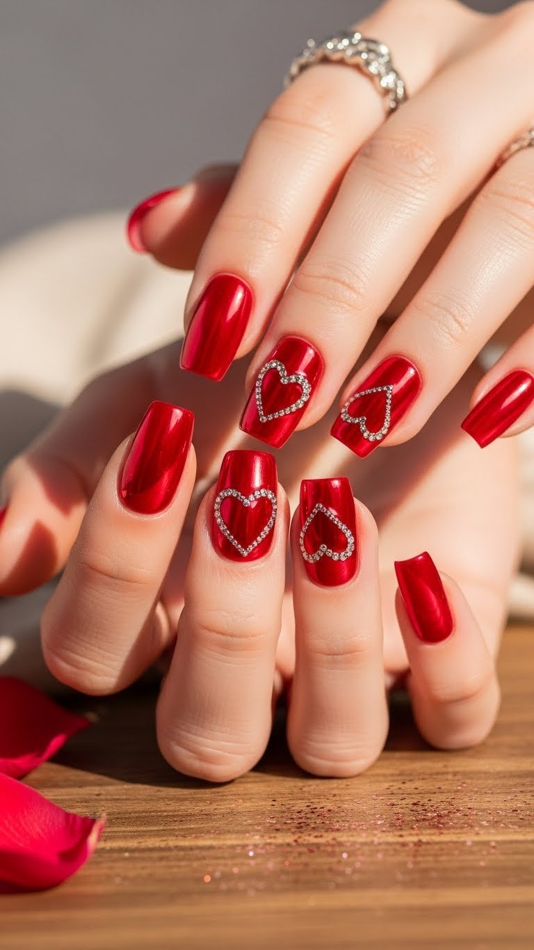 Close-up of vibrant red chrome nails with delicate heart designs on rustic wooden table with soft bokeh background
