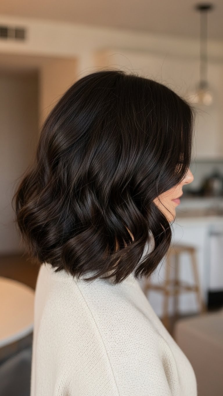 Close-up of voluminous C-curl perm on medium length dark hair with bouncy inward-curling ends and soft texture