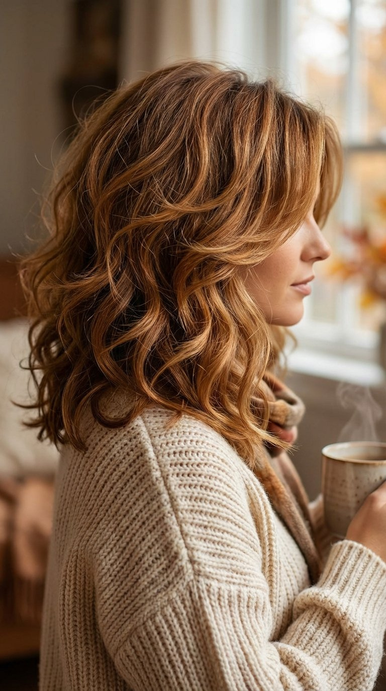 Close-up of voluminous layered lob haircut with bouncy waves and face-framing layers styled for autumn in warm cream and golden brown tones