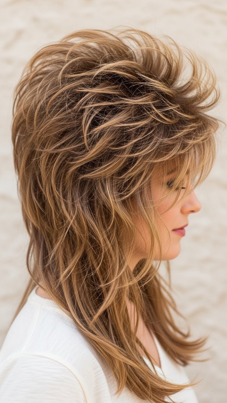 Close-up of voluminous teased 80s hair with dramatic root lift and soft flowing ends against neutral backdrop