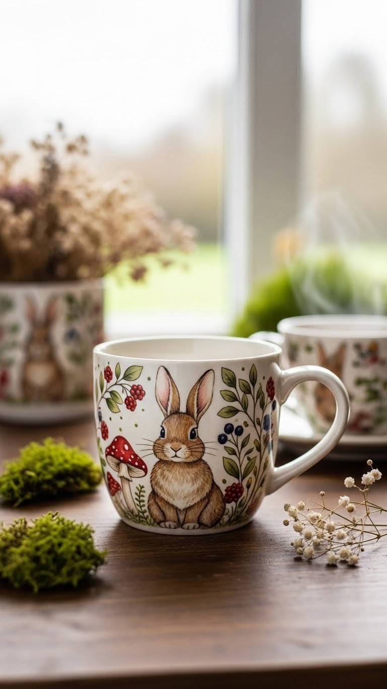 Close-up of whimsical woodland rabbit painted ceramic mug with mushrooms and foliage on rustic wooden table with soft bokeh background