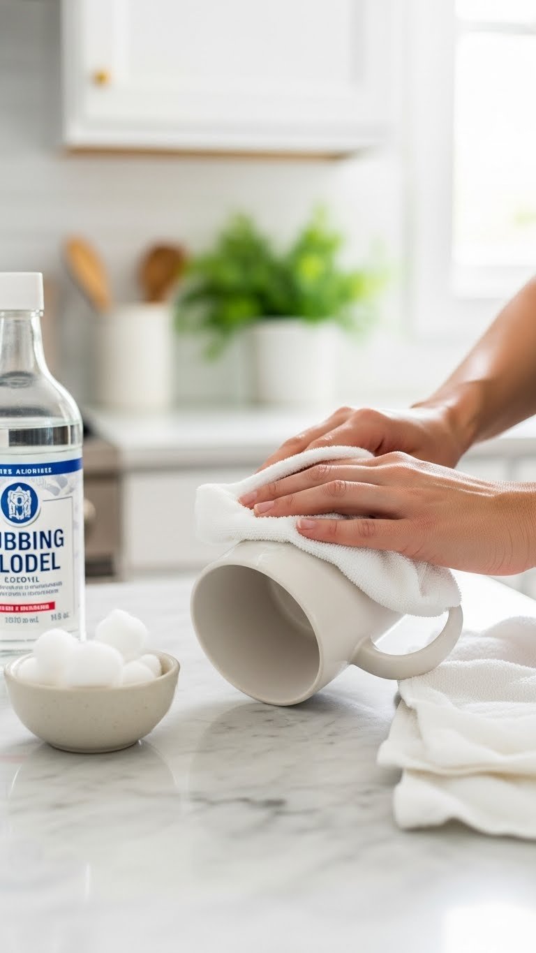 Close-up of white ceramic mug being wiped with lint-free cloth on marble countertop with rubbing alcohol bottle for paint preparation.