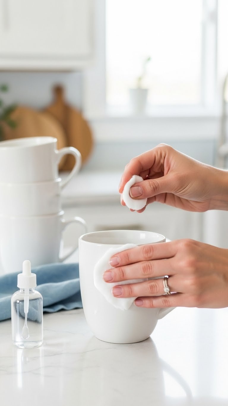 Close-up of white ceramic mug being wiped with rubbing alcohol cotton ball on clean prep station for DIY painted mugs