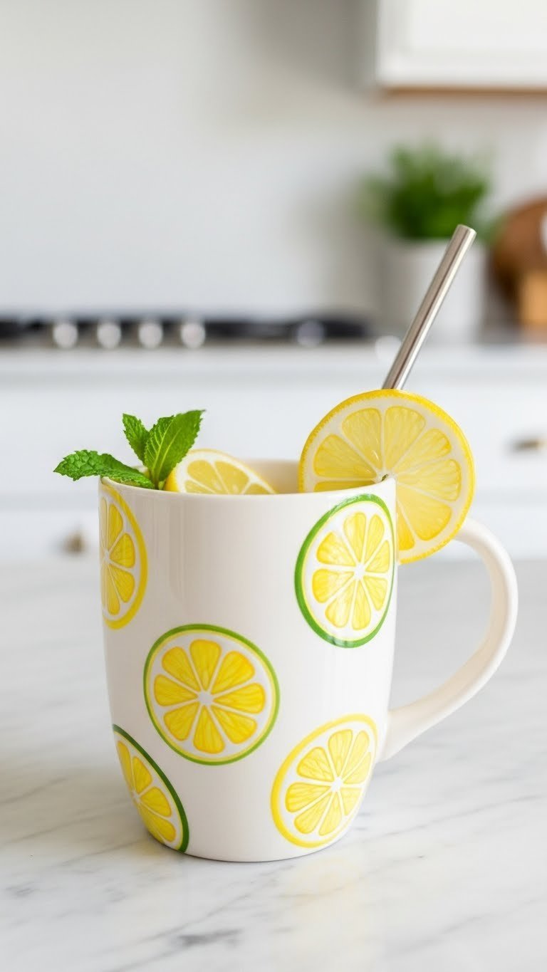 Close-up of white ceramic mug with hand-painted lemon slice motif featuring vibrant yellow and green colors on marble countertop