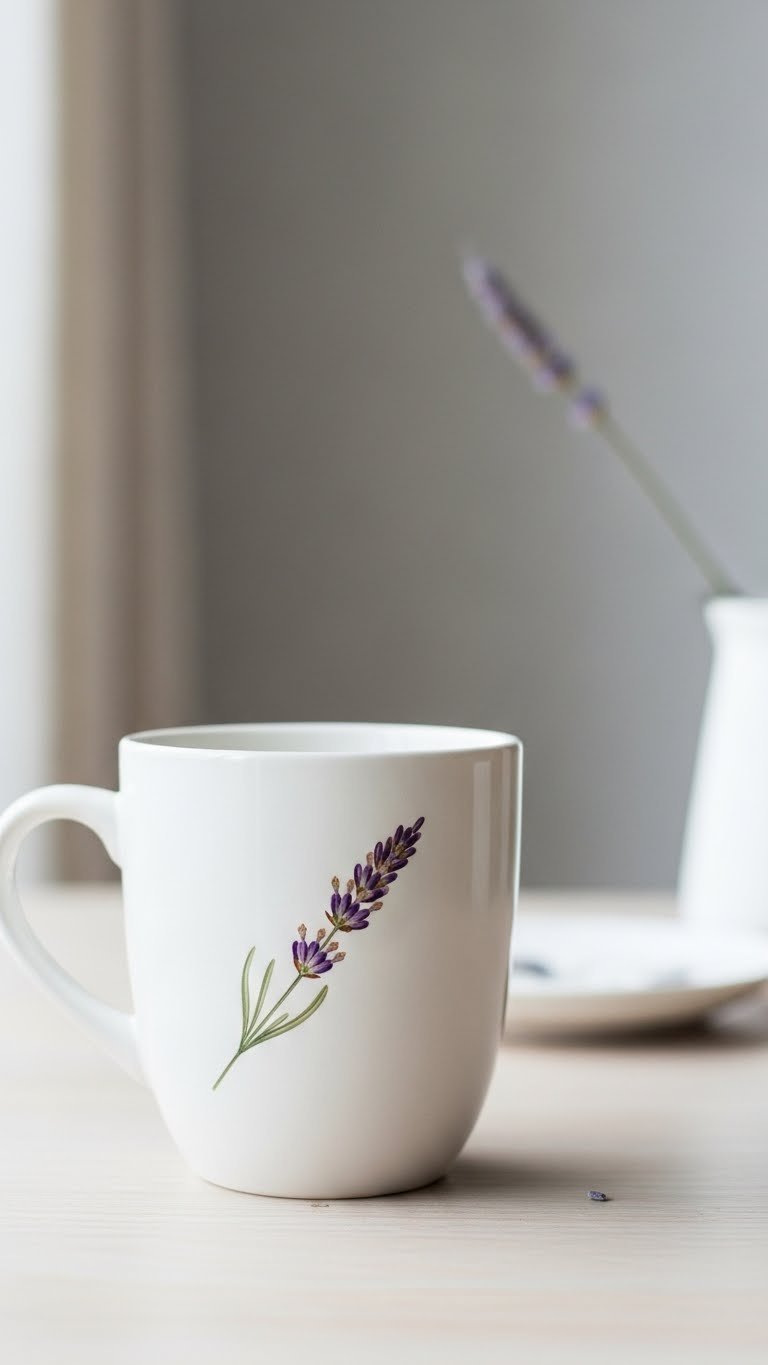 Close-up of white ceramic mug with hand-painted minimalist lavender sprig on light wood table with soft natural lighting