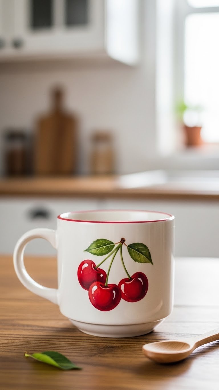 Close-up of white ceramic mug with realistic painted cherry cluster featuring glossy red cherries and green stems on rustic wooden table