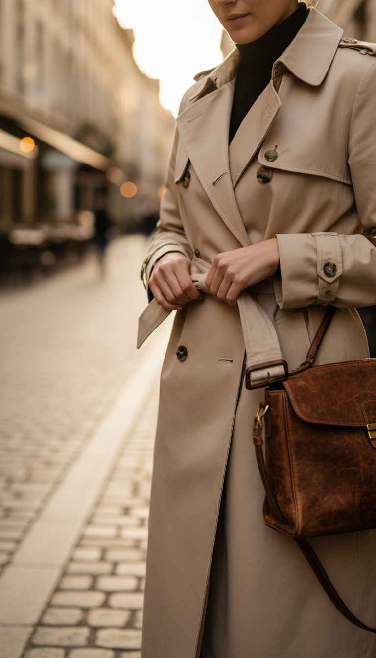 Close-up of woman tying belt on classic beige trench coat on cobblestone street with leather handbag during golden hour.