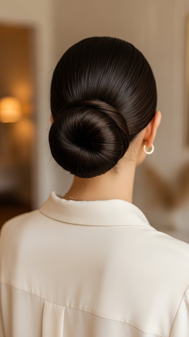 Close-up of woman with dark hair styled in sleek low bun at nape of neck against soft blurred background