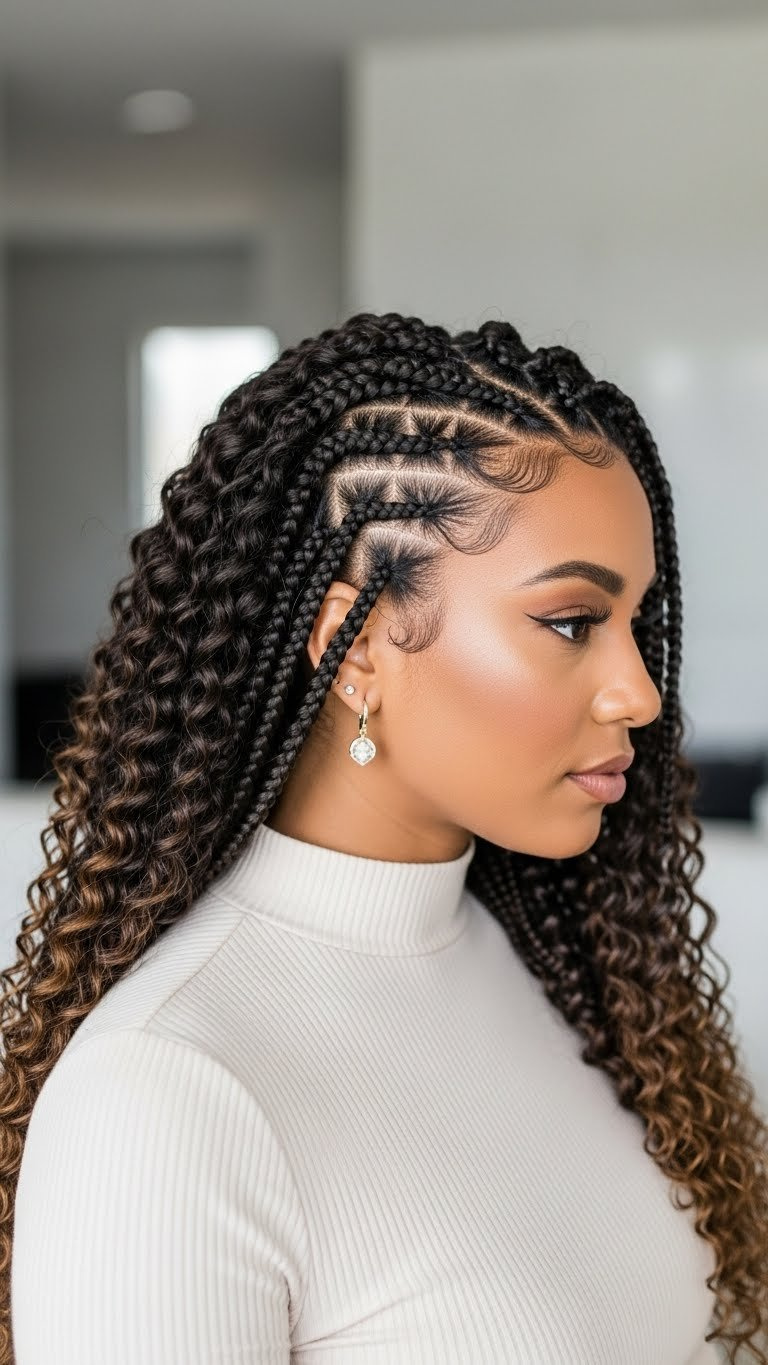 Close-up of woman with elegant braided protective styles on long 3c curls against modern room interior