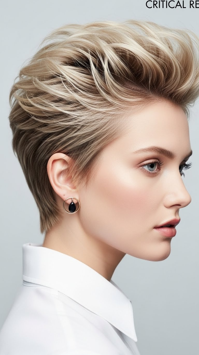 Close-up of woman with round face sporting voluminous pixie cut with textured layers in minimalist studio setting