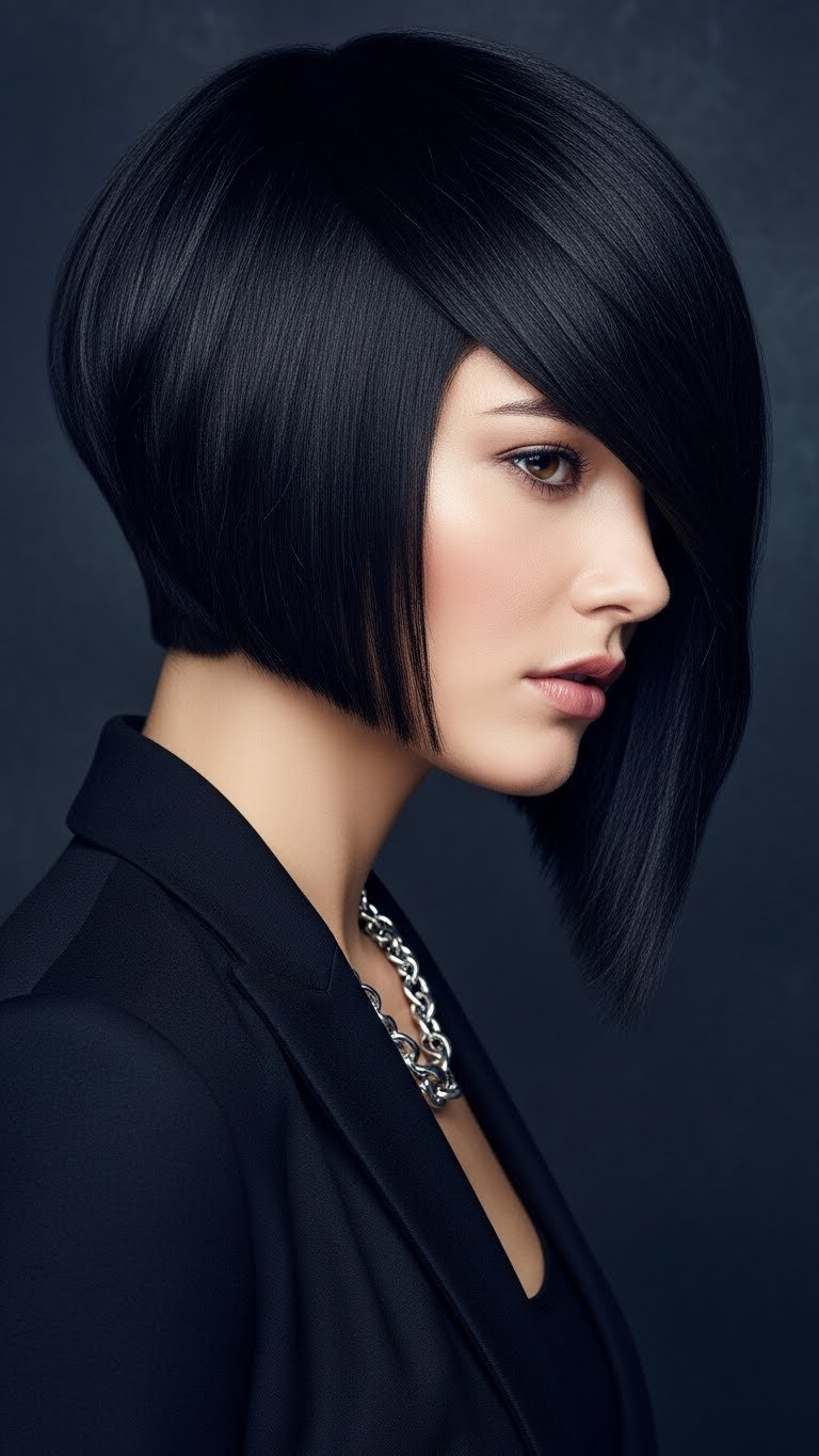 Close-up of woman with round face wearing edgy asymmetrical bob haircut with dramatic side lighting