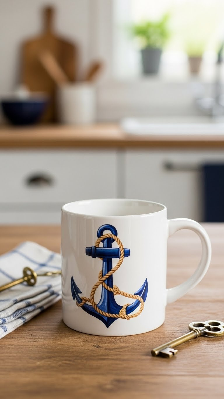 Close-up photo of white ceramic nautical mug with hand-painted navy blue anchor and rope design on rustic wooden table