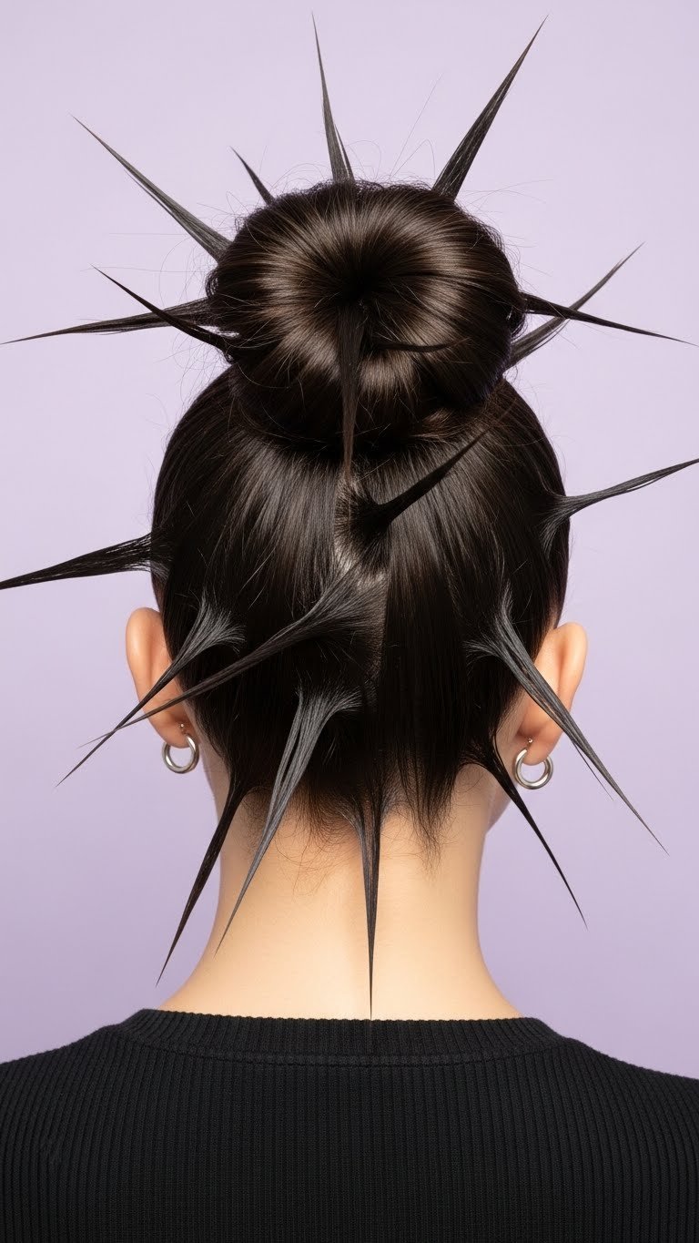 Close-up portrait of Y2K hairstyle featuring glossy spiky buns with face-framing tendrils against soft bokeh background