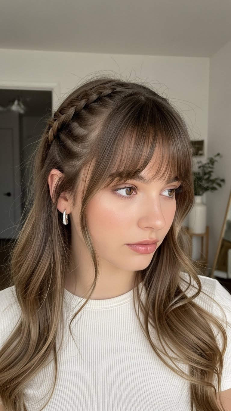 Close-up portrait of a model with cute braided bangs styled with delicate silver earrings against a soft bokeh background