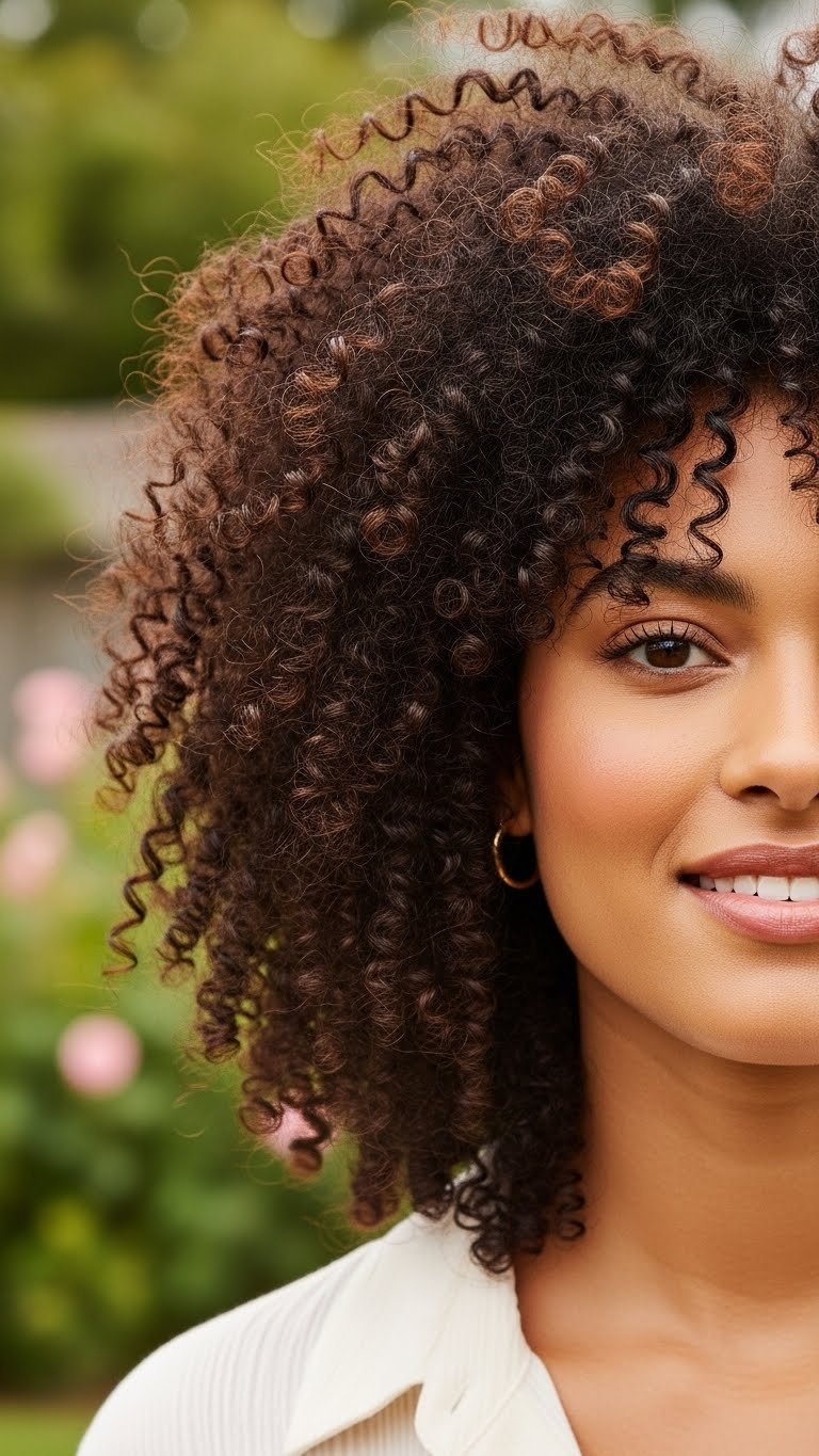 Close-up portrait of a woman with shiny, voluminous 3c curly hair in wash-and-go style against soft garden background