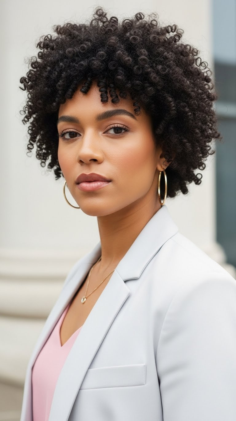 Close-up portrait of confident woman with short defined 3c curly crop against minimalist architectural backdrop
