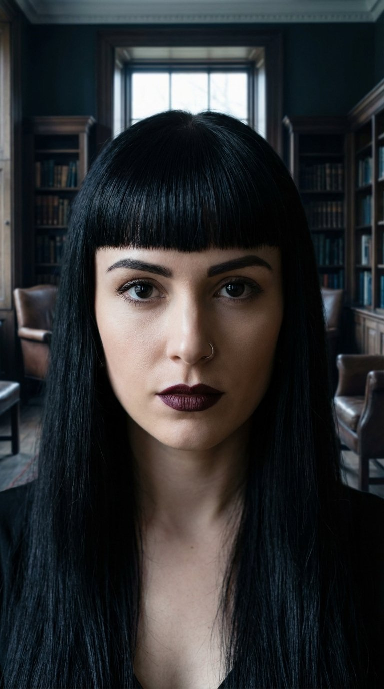 Close-up portrait of dramatic micro fringe with long dark goth hair framing intense eyes