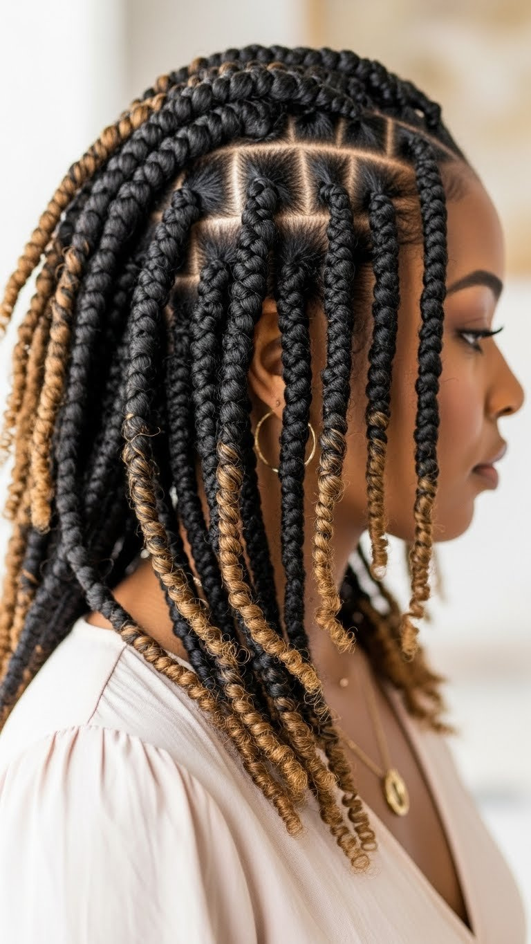 Close-up portrait of woman with meticulously defined finger coils on fine 3c hair against neutral backdrop