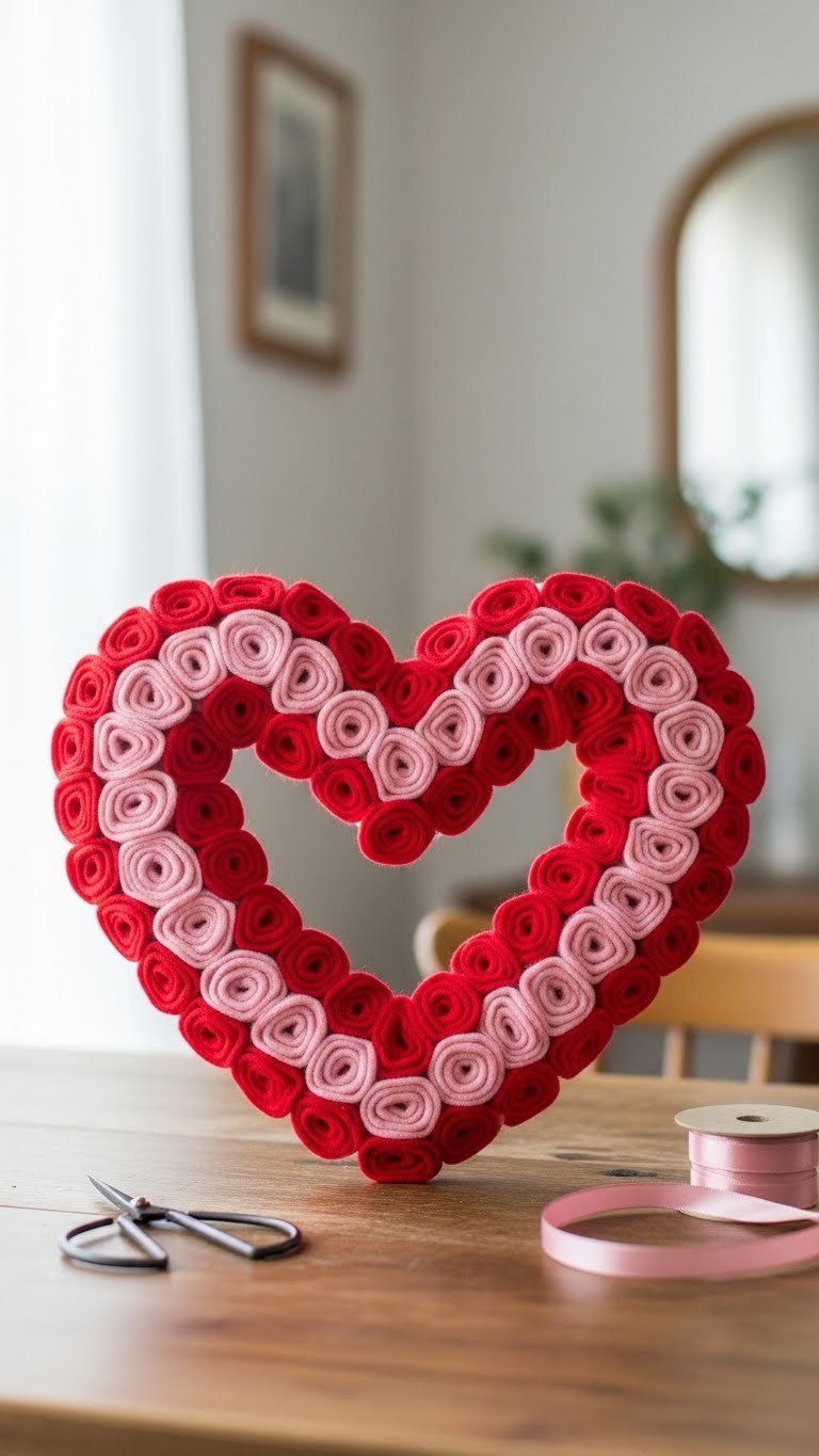 Close-up professional photo of vibrant red and pink felt heart wreath with soft petals on rustic wood table with scissors and ribbon.