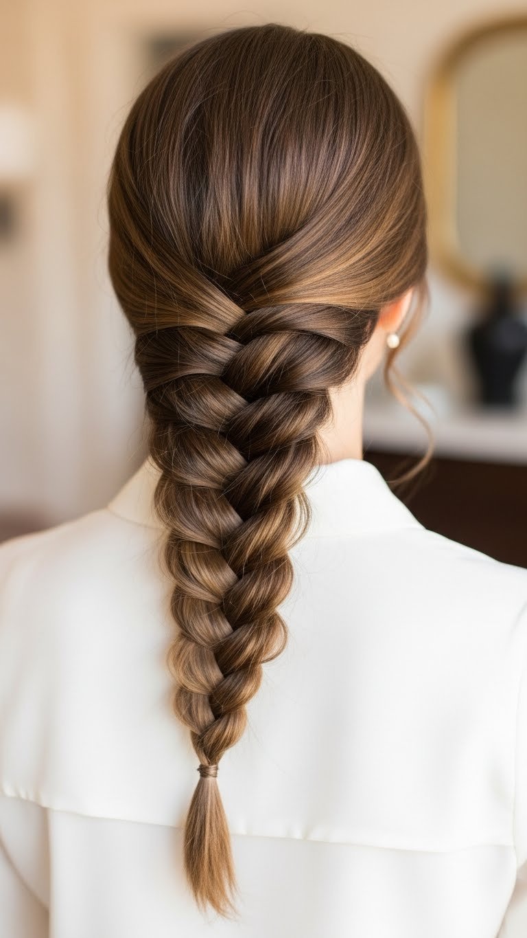 Close-up professional photograph of a classic French braid hairstyle with interwoven sections on glossy medium brown hair against soft natural lighting.