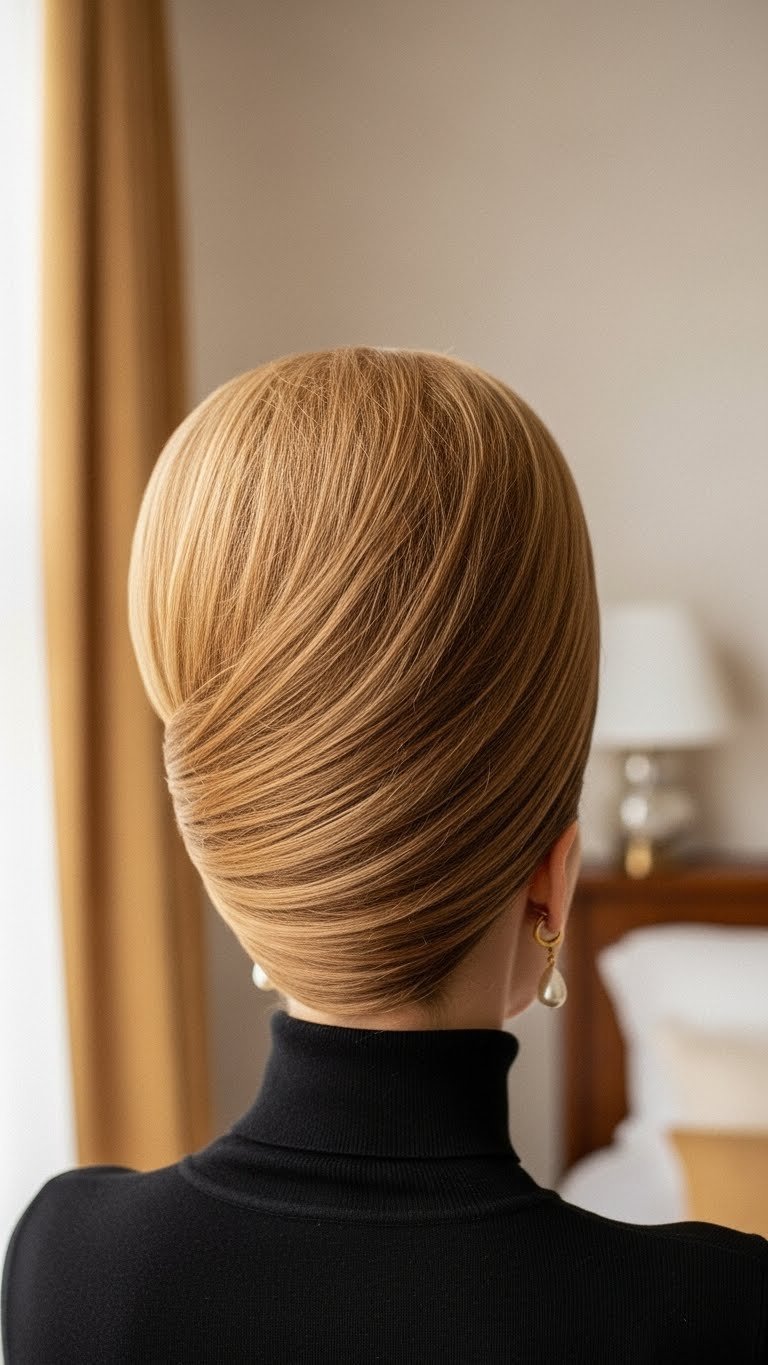 Close-up professional photograph of a meticulously styled beehive hairstyle with smooth gleaming surfaces and intricate volume against soft natural window light.