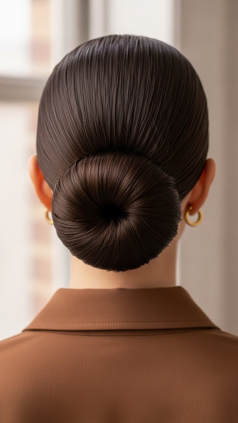 Close-up professional photograph of a sleek slicked-back bun hairstyle with shiny dark brown hair against neutral studio background