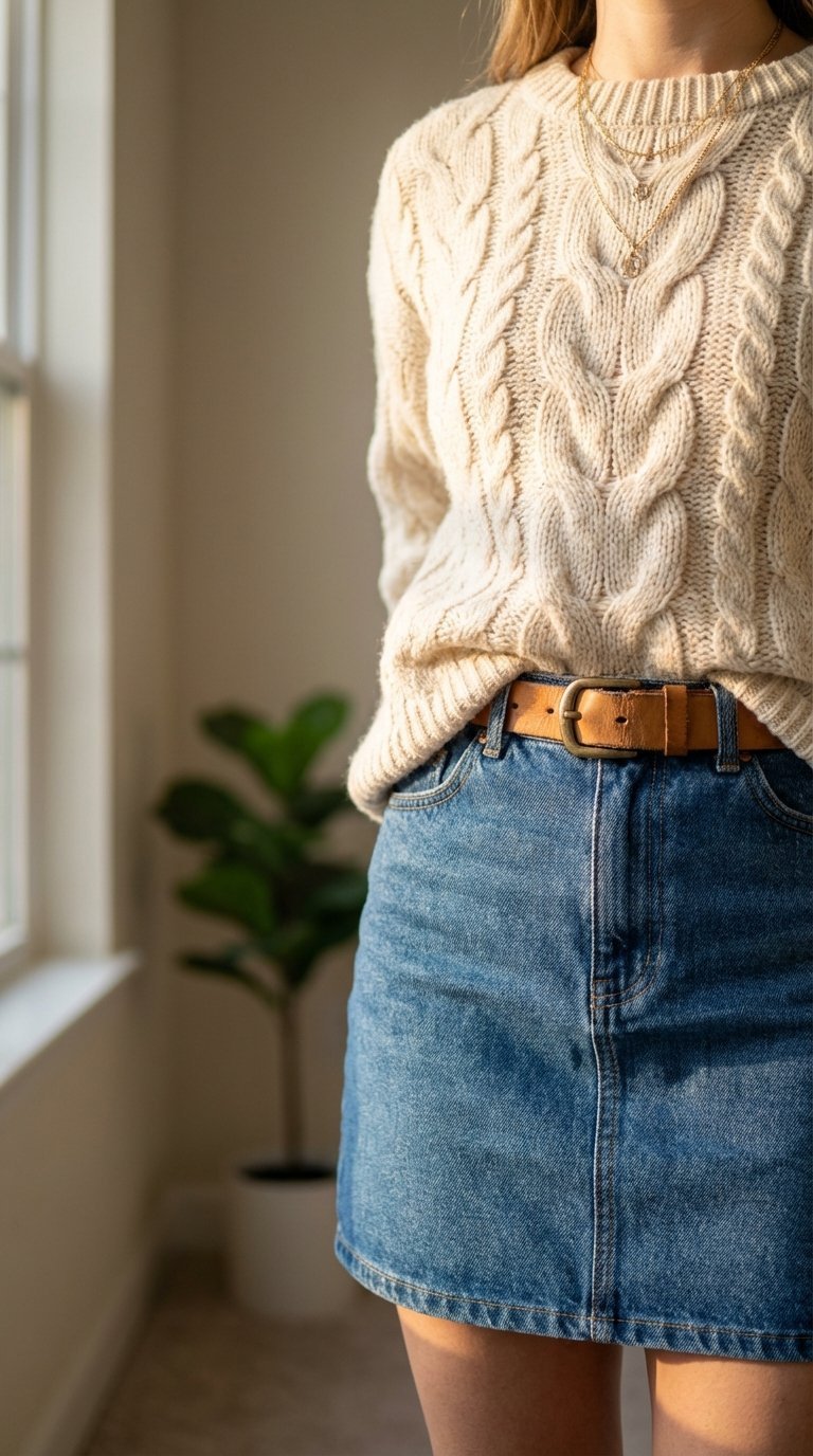 Close-up shot of woman wearing blue denim mini skirt and cream knit sweater with front-tuck styling and warm golden hour lighting