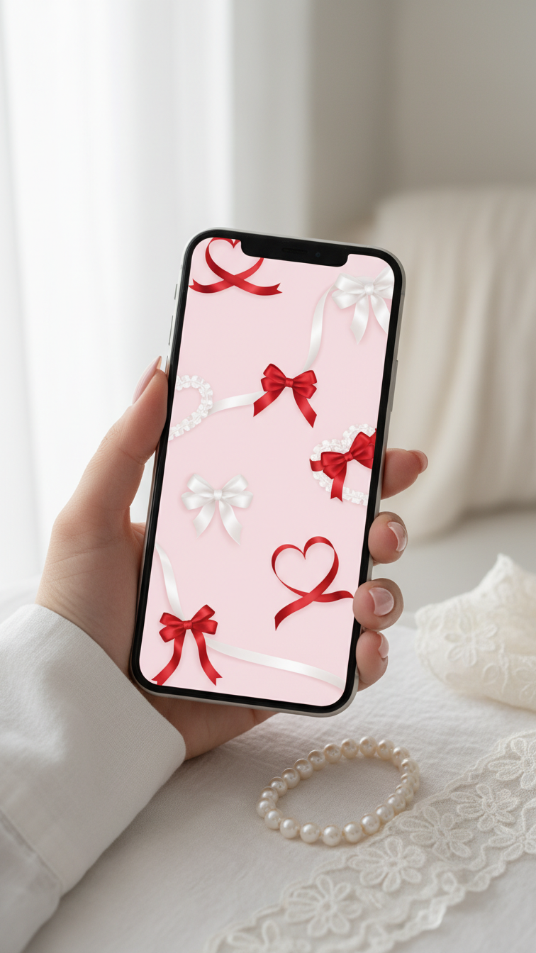 Close-up smartphone displaying coquette-style Valentine's wallpaper with delicate white and red bows on soft pink background held in manicured hand.