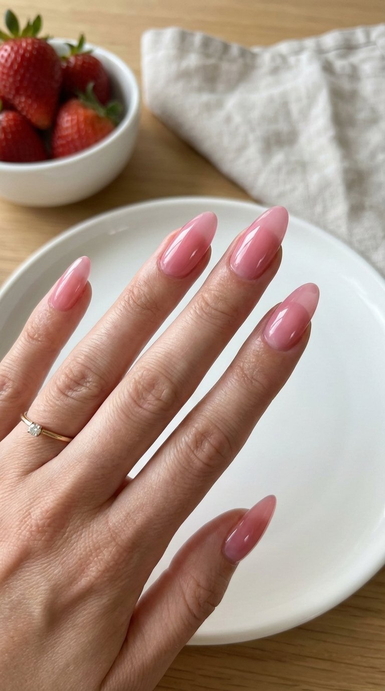 Close-up view of Hailey Bieber's translucent pink jelly Valentine's manicure on white ceramic plate with strawberries