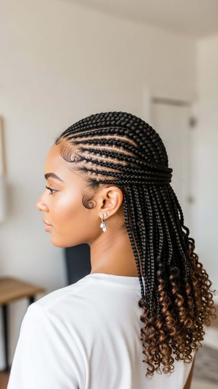 Close-up view of knotless braids hairstyle with seamless transition from scalp and curled ends on dark brown textured hair.