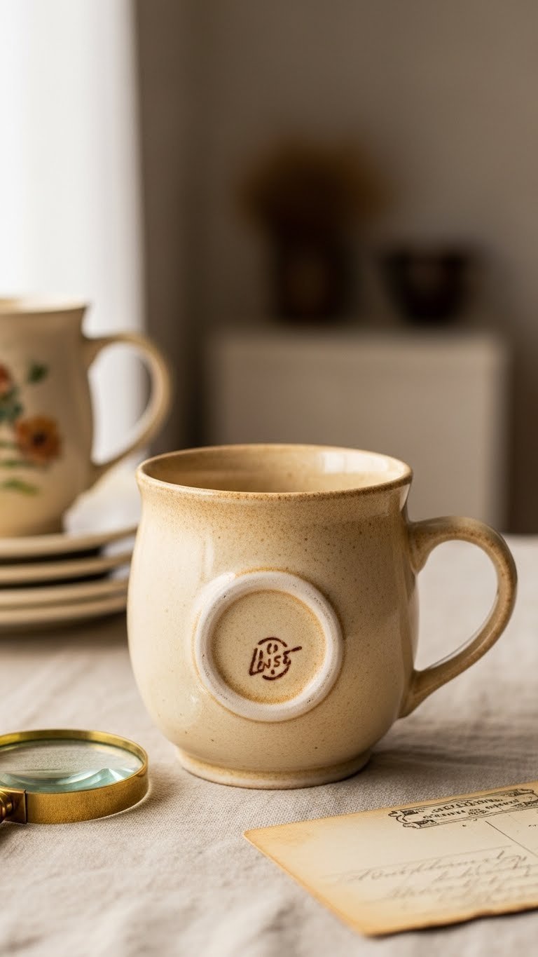 Close-up vintage hand painted ceramic mug with artist's signature visible under soft natural light highlighting delicate brushstrokes and aged patina