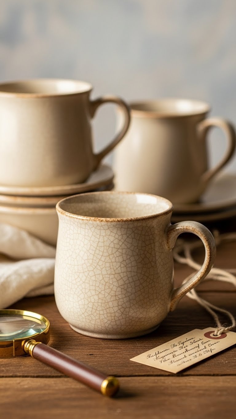 Close-up vintage hand painted mug showing subtle crazing and rich aged patina highlighting natural character signs