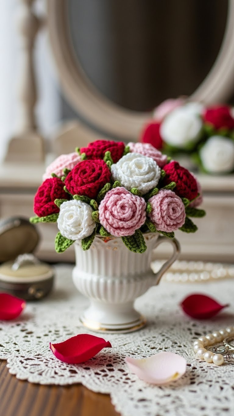 Cluster of tiny crochet roses in deep reds and pinks with intricate petals on vintage lace doily