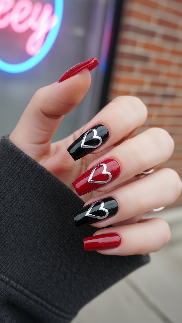 Coffin-shaped black nails with metallic chrome heart outlines against neon backdrop showcasing Y2K nail art