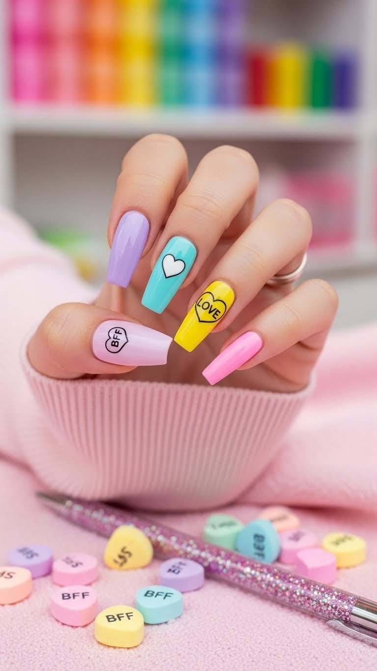 Coffin-shaped nails in pastel colors with white hearts and conversation heart phrases