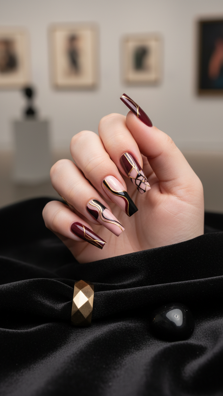 Coffin-shaped nails with abstract burgundy and pink art against dark velvety fabric background