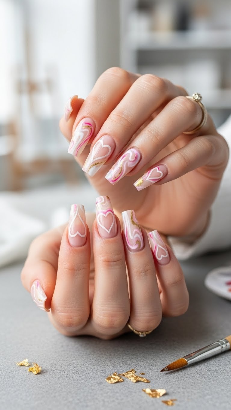 Coffin-shaped nails with marbled pastel pink pattern artfully shaped into soft heart outline