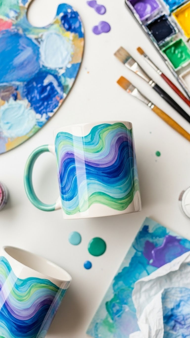 Collection of abstract watercolor ceramic mugs with swirling blue and green patterns arranged on white background with artist brushes and paint palette.