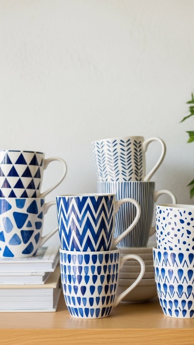 Collection of ceramic coffee mugs featuring modern geometric patterns in monochromatic blues and whites on wooden shelf.