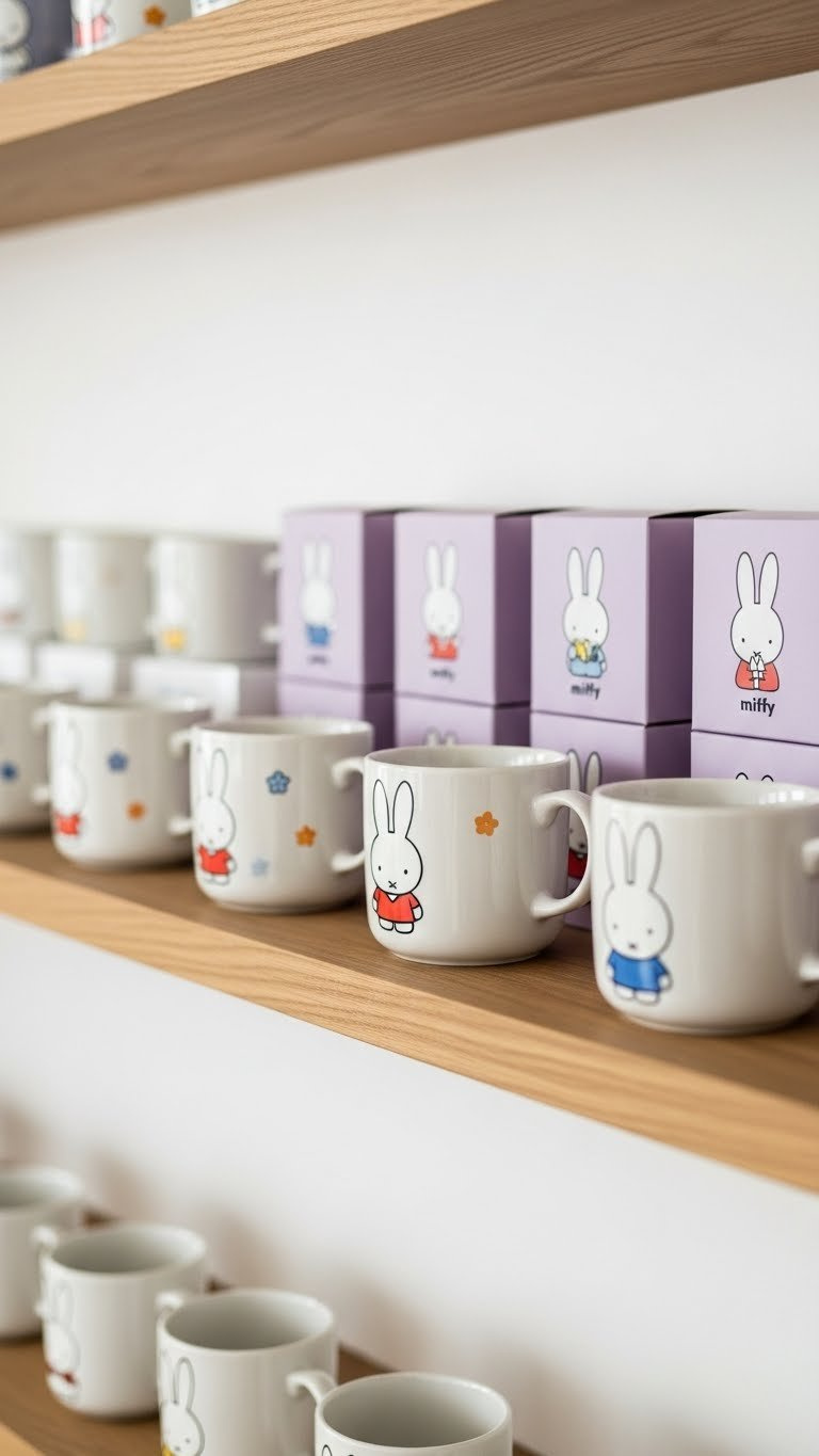 Collection of official Miffy collector's edition mugs displayed on wooden shelf with subtle dust covers and display stands